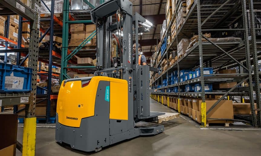 Jungheinrich Narrow Aisle Forklift in Warehouse Aisle