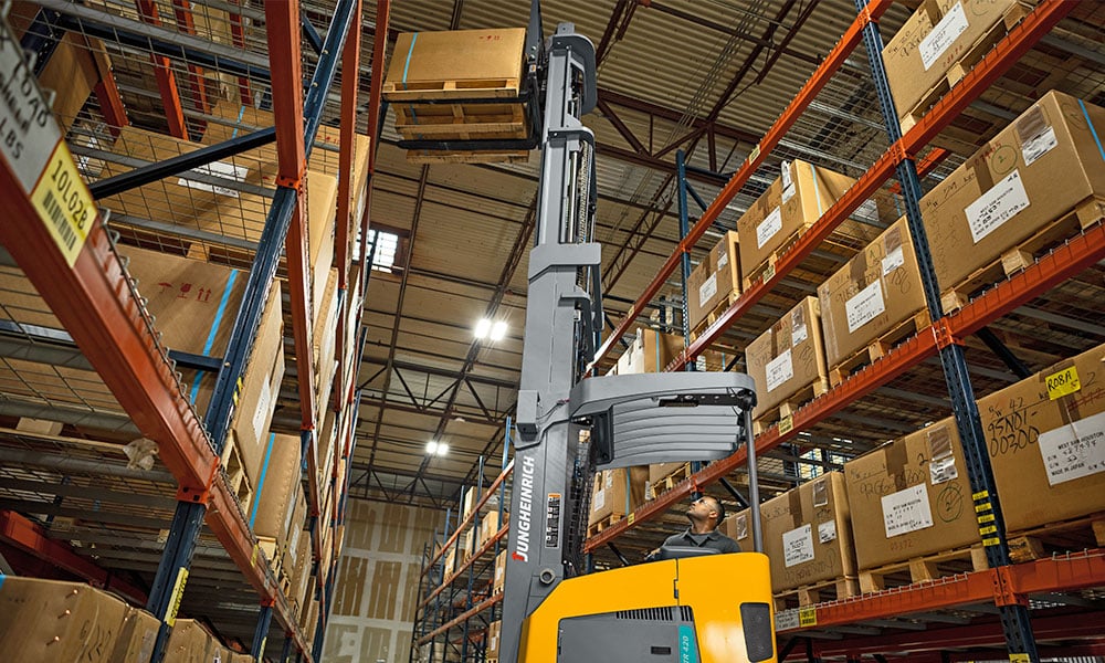 Narrow Aisle Forklift in Warehouse