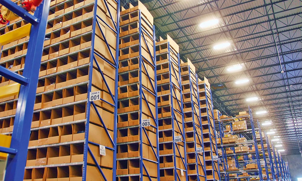 Upward view of rows of pallet rack