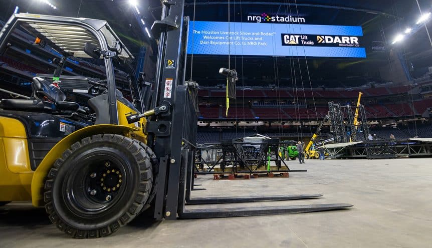 Cat Forklift in NRG stadium setting up for the Houston Rode