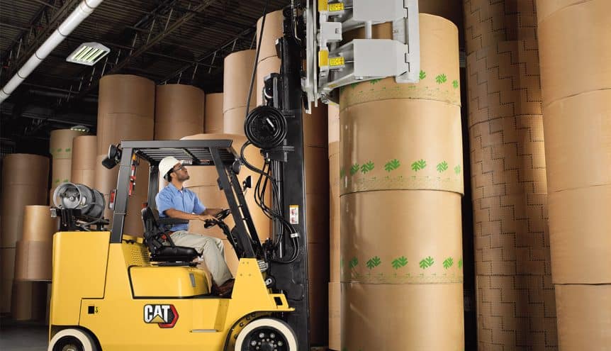 CAT forklift with carton clamp