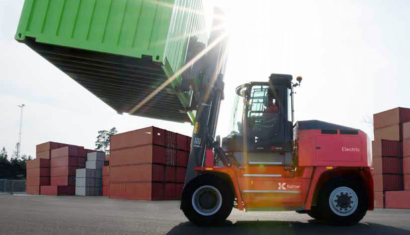 Kalmar electric forklift with a storage container